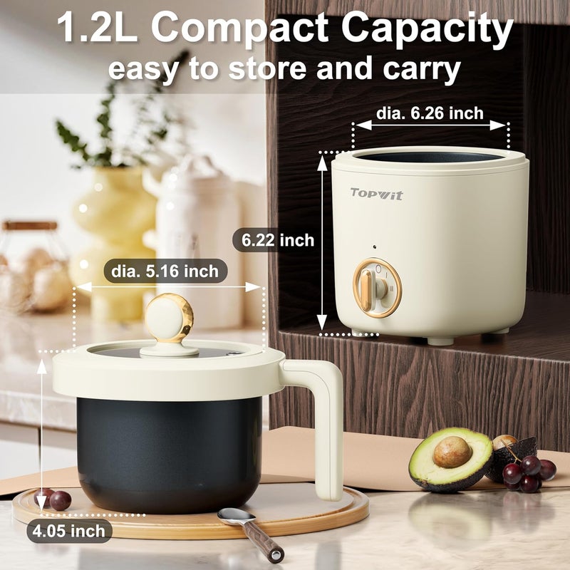 TopWit Hot Pot Electric Pot for Cooking, Ramen Cooker 1.2L, Non-Stick Portable Noodles Cooker for Pasta, Soup, Steak, Oatmeal, College Dorm Room Essentials, Shabu Shabu Pot with Power Adjustment,Beige - Image 3